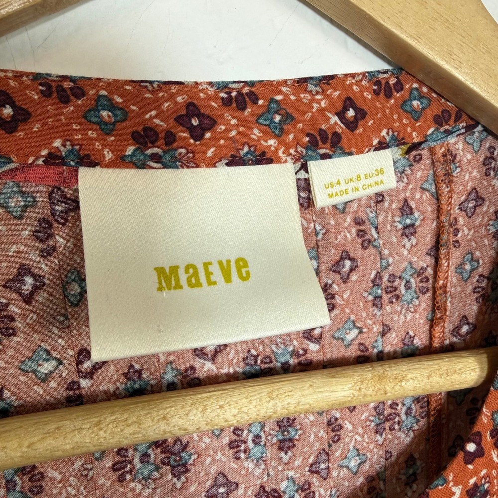 Maeve Anthropologie Mixed Print Blouse Sz 4 Orange Lace Bib Boho Ruffle Peasant - Picture 11 of 14